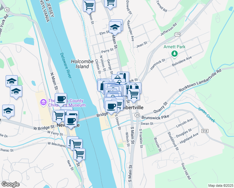 map of restaurants, bars, coffee shops, grocery stores, and more near George Street & Coryell Street in Lambertville