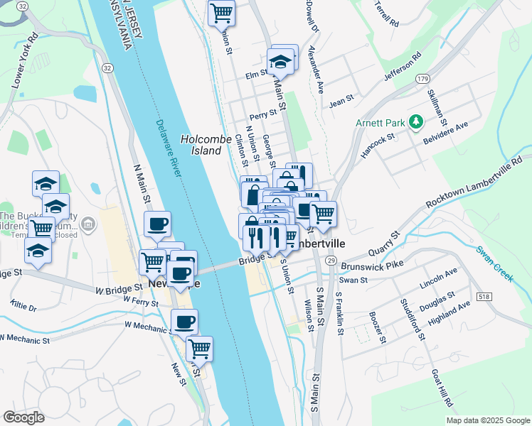 map of restaurants, bars, coffee shops, grocery stores, and more near 51 North Union Street in Lambertville