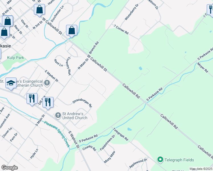 map of restaurants, bars, coffee shops, grocery stores, and more near 425 Juliana Way in Perkasie