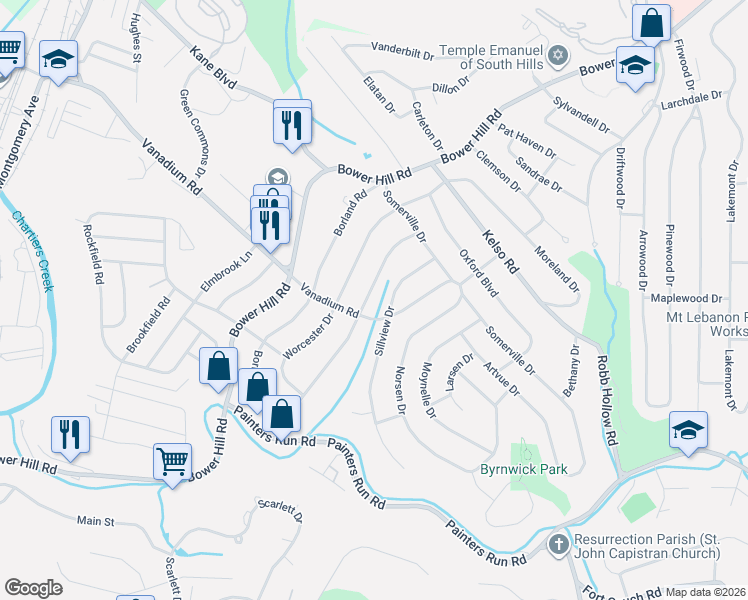 map of restaurants, bars, coffee shops, grocery stores, and more near 1727 Berkwood Drive in Pittsburgh