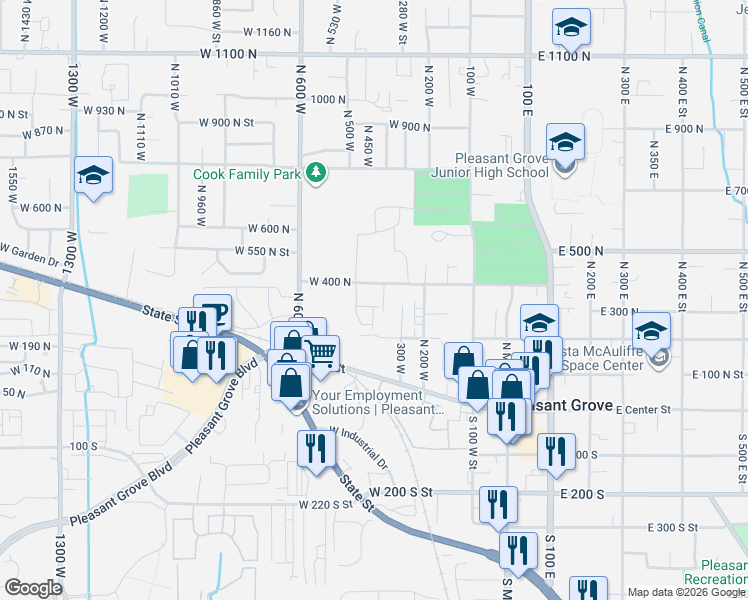 map of restaurants, bars, coffee shops, grocery stores, and more near 382 West 330 North in Pleasant Grove