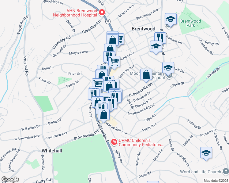 map of restaurants, bars, coffee shops, grocery stores, and more near Towne Square Way in Brentwood