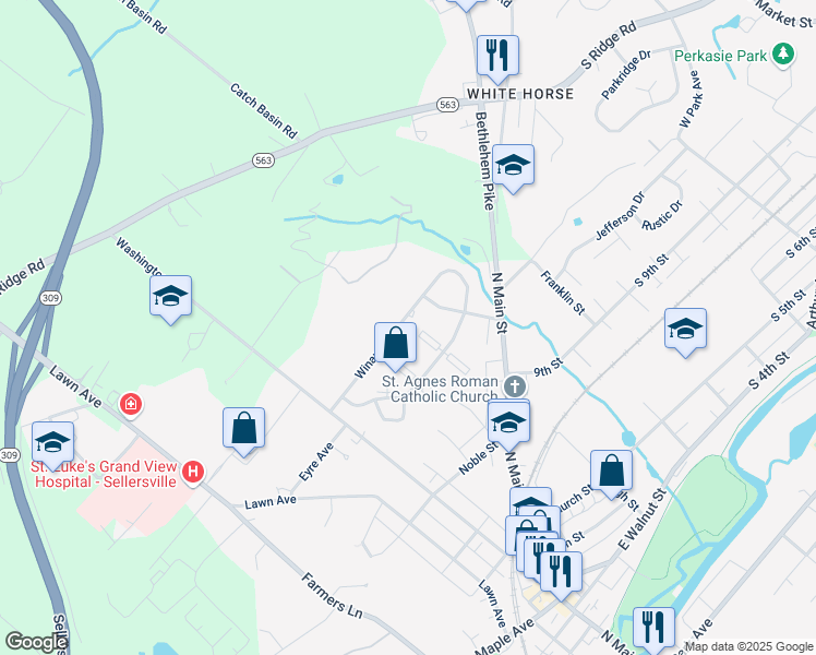map of restaurants, bars, coffee shops, grocery stores, and more near 90 Winard Avenue in Sellersville