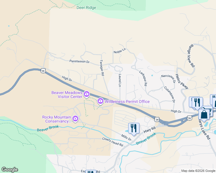 map of restaurants, bars, coffee shops, grocery stores, and more near 690 Tanager Road in Estes Park