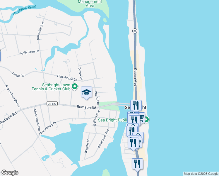 map of restaurants, bars, coffee shops, grocery stores, and more near 29 Ward Avenue in Rumson