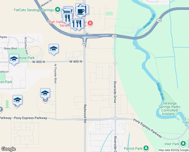 map of restaurants, bars, coffee shops, grocery stores, and more near 301 North Broadway Drive in Saratoga Springs