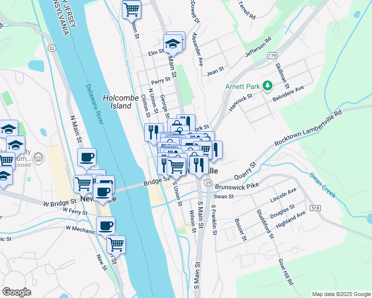 map of restaurants, bars, coffee shops, grocery stores, and more near 67 Coryell Street in Lambertville