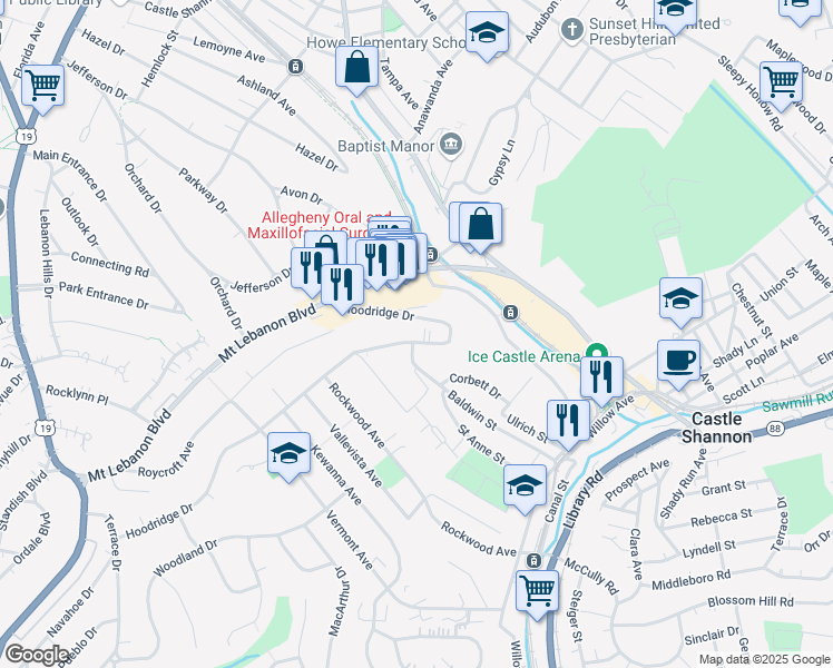 map of restaurants, bars, coffee shops, grocery stores, and more near 417 Hoodridge Drive in Castle Shannon