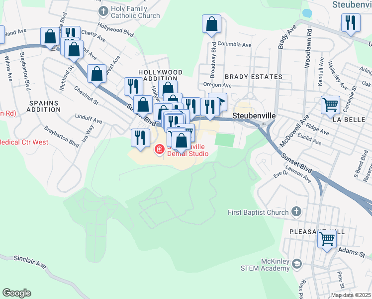 map of restaurants, bars, coffee shops, grocery stores, and more near 264 South Hollywood Boulevard in Steubenville