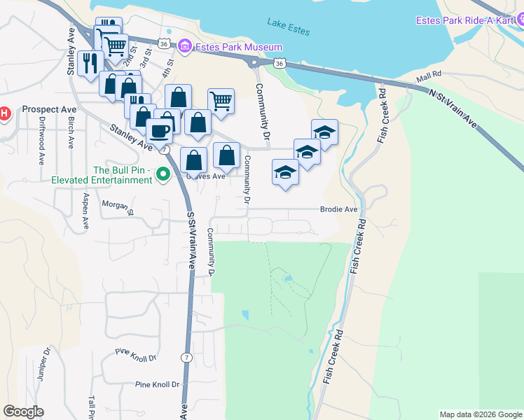 map of restaurants, bars, coffee shops, grocery stores, and more near 1505 Brodie Avenue in Estes Park