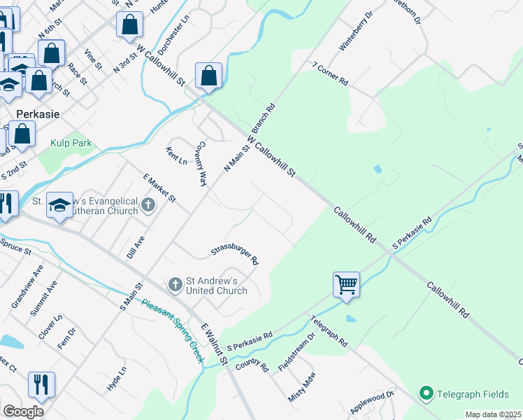 map of restaurants, bars, coffee shops, grocery stores, and more near 305 Connor Lane in Perkasie