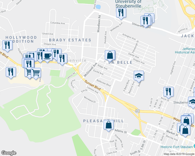 map of restaurants, bars, coffee shops, grocery stores, and more near 226 Ohio Street in Steubenville