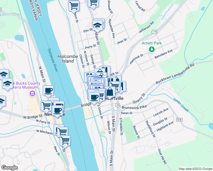 map of restaurants, bars, coffee shops, grocery stores, and more near 45 North Main Street in Lambertville