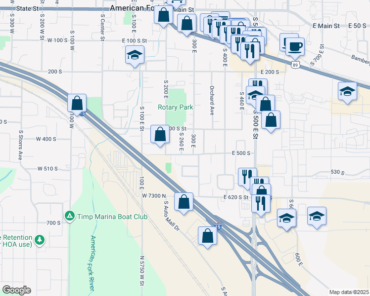 map of restaurants, bars, coffee shops, grocery stores, and more near 442 South 260 East in American Fork