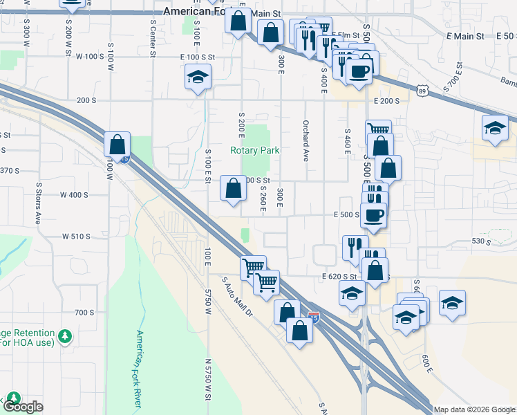 map of restaurants, bars, coffee shops, grocery stores, and more near 442 South 260 East in American Fork