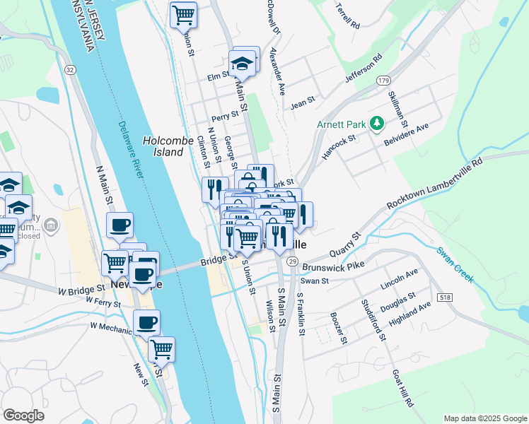 map of restaurants, bars, coffee shops, grocery stores, and more near 78 Coryell Street in Lambertville