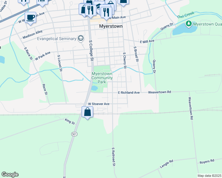 map of restaurants, bars, coffee shops, grocery stores, and more near 606 South Railroad Street in Myerstown