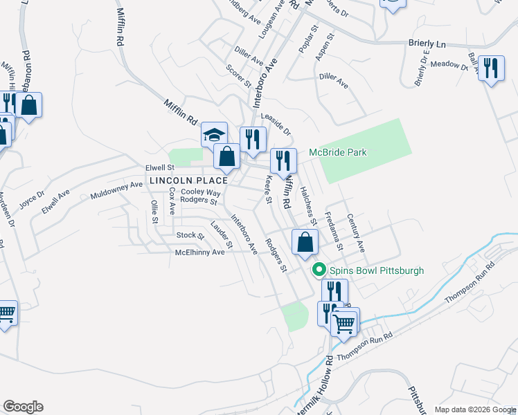 map of restaurants, bars, coffee shops, grocery stores, and more near 1418 Muldowney Avenue in Pittsburgh