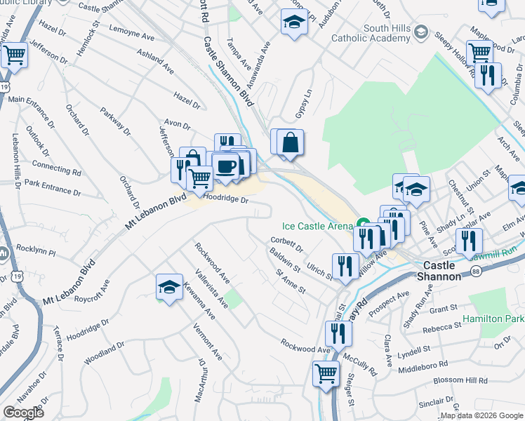 map of restaurants, bars, coffee shops, grocery stores, and more near 500 Hoodridge Drive in Castle Shannon
