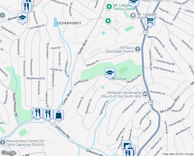 map of restaurants, bars, coffee shops, grocery stores, and more near 23 Seneca Drive in Pittsburgh