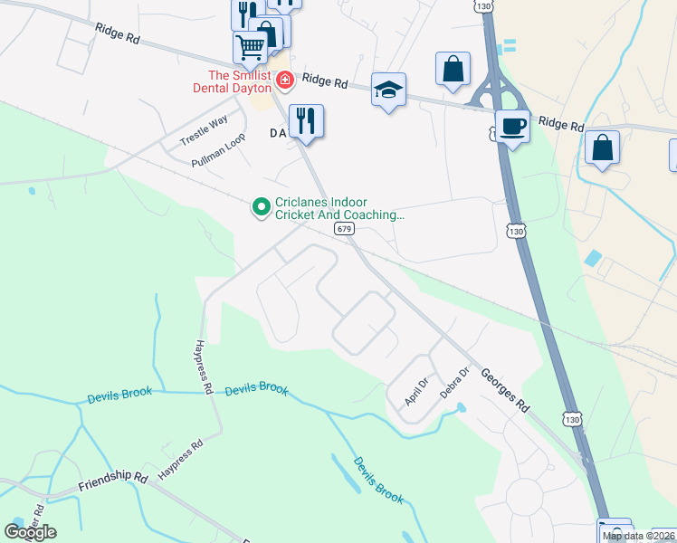 map of restaurants, bars, coffee shops, grocery stores, and more near 22 Liberty Drive in South Brunswick Township