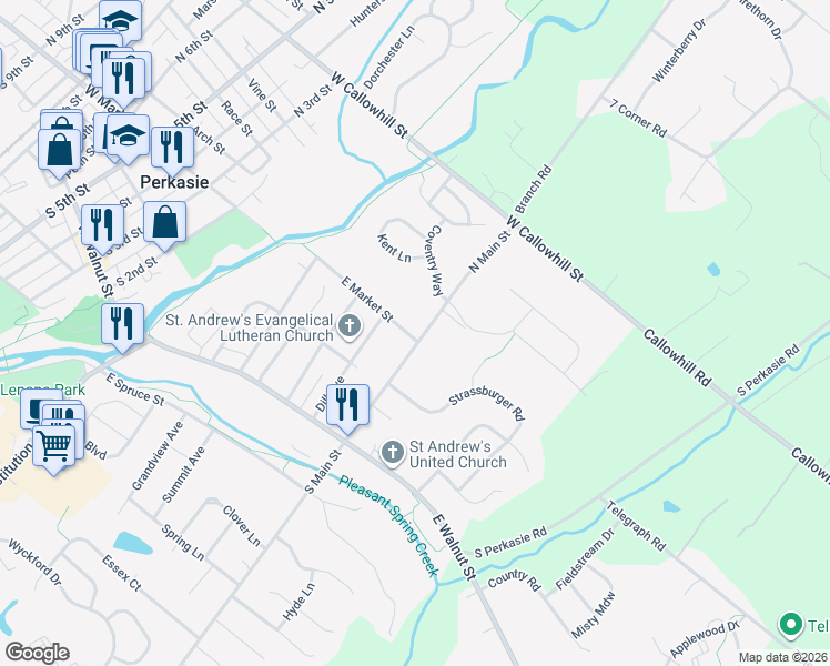 map of restaurants, bars, coffee shops, grocery stores, and more near 423 East Market Street in Perkasie