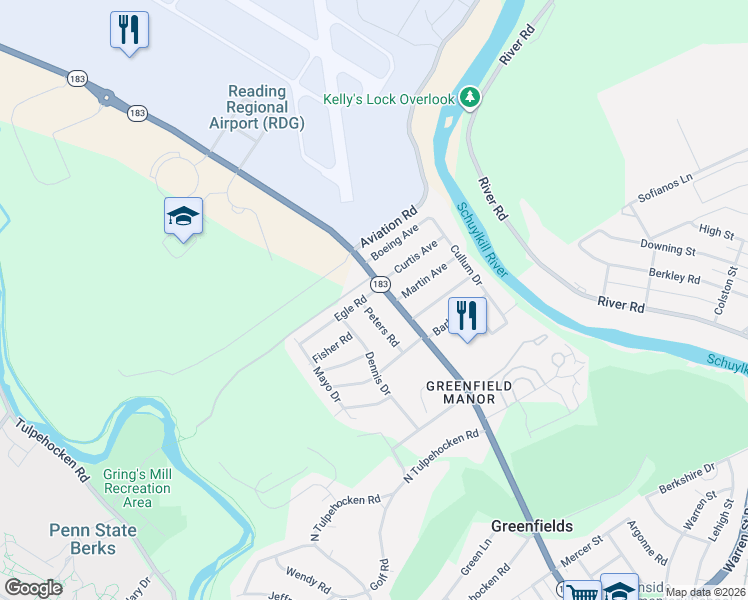 map of restaurants, bars, coffee shops, grocery stores, and more near 2117 Bernville Road in Reading
