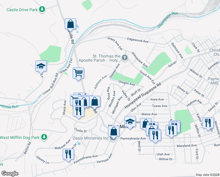 map of restaurants, bars, coffee shops, grocery stores, and more near 1301 Anna Avenue in West Mifflin