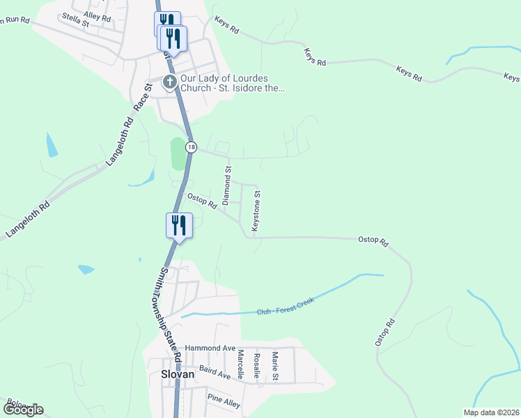 map of restaurants, bars, coffee shops, grocery stores, and more near 26 Keystone Street in Burgettstown