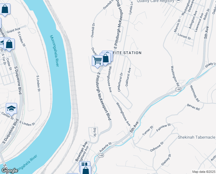 map of restaurants, bars, coffee shops, grocery stores, and more near 405 Westinghouse Avenue in North Versailles