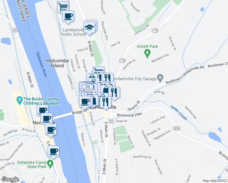 map of restaurants, bars, coffee shops, grocery stores, and more near 40 North Franklin Street in Lambertville