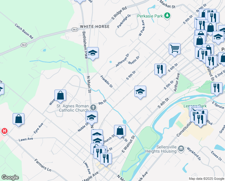 map of restaurants, bars, coffee shops, grocery stores, and more near 305 9th Street in Sellersville