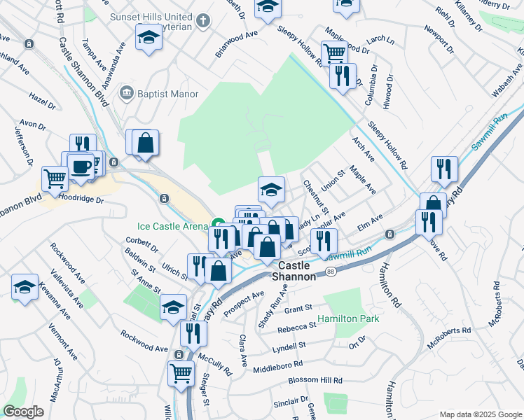map of restaurants, bars, coffee shops, grocery stores, and more near 3724 Myrtle Avenue in Castle Shannon