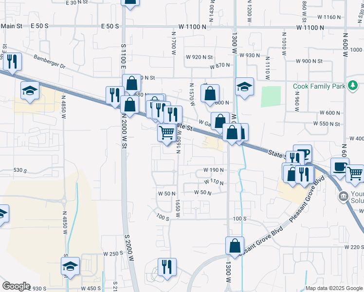 map of restaurants, bars, coffee shops, grocery stores, and more near 293 North 1630 West in Pleasant Grove