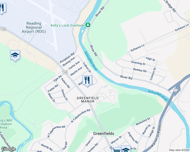 map of restaurants, bars, coffee shops, grocery stores, and more near 2101 Cullum Drive in Reading