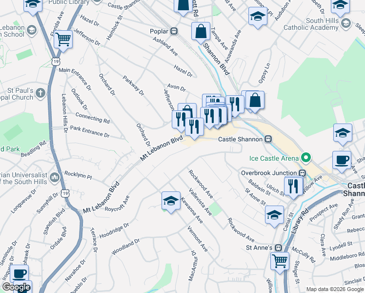map of restaurants, bars, coffee shops, grocery stores, and more near 250 Mount Lebanon Boulevard in Pittsburgh