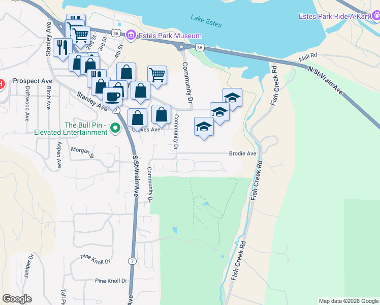 map of restaurants, bars, coffee shops, grocery stores, and more near 1505 Brodie Avenue in Estes Park