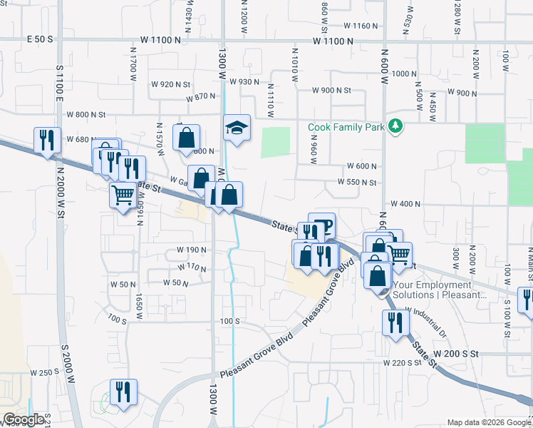 map of restaurants, bars, coffee shops, grocery stores, and more near 1128 West State Street in Pleasant Grove