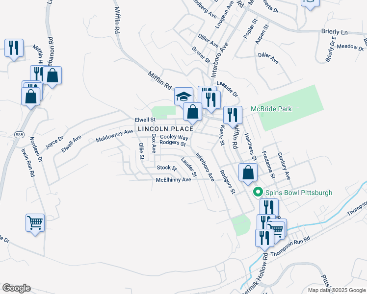 map of restaurants, bars, coffee shops, grocery stores, and more near 1222 Rodgers Street in Pittsburgh