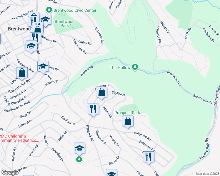map of restaurants, bars, coffee shops, grocery stores, and more near 1706 Parkline Drive in Pittsburgh