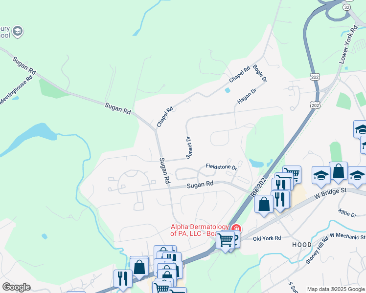 map of restaurants, bars, coffee shops, grocery stores, and more near 114 Sunset Drive in New Hope