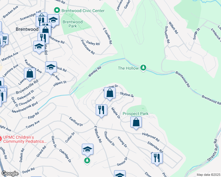 map of restaurants, bars, coffee shops, grocery stores, and more near 1676 Parkline Drive in Pittsburgh