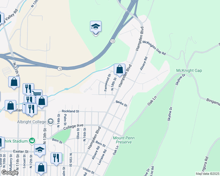 map of restaurants, bars, coffee shops, grocery stores, and more near 2126 N 18th St in Reading