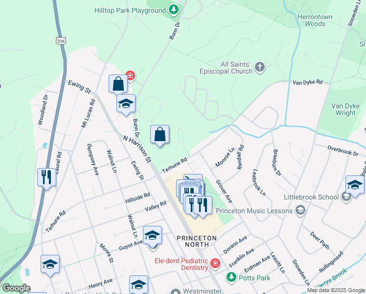 map of restaurants, bars, coffee shops, grocery stores, and more near 2-98 Thanet Road in Princeton
