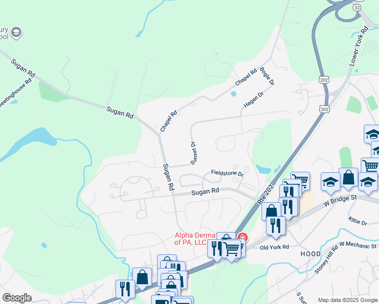 map of restaurants, bars, coffee shops, grocery stores, and more near 114 Sunset Drive in New Hope