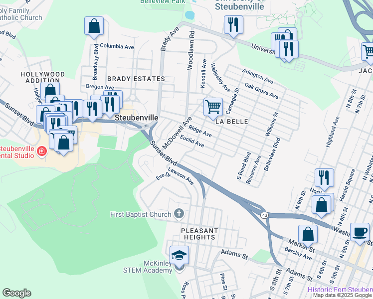map of restaurants, bars, coffee shops, grocery stores, and more near 223 Ohio Street in Steubenville