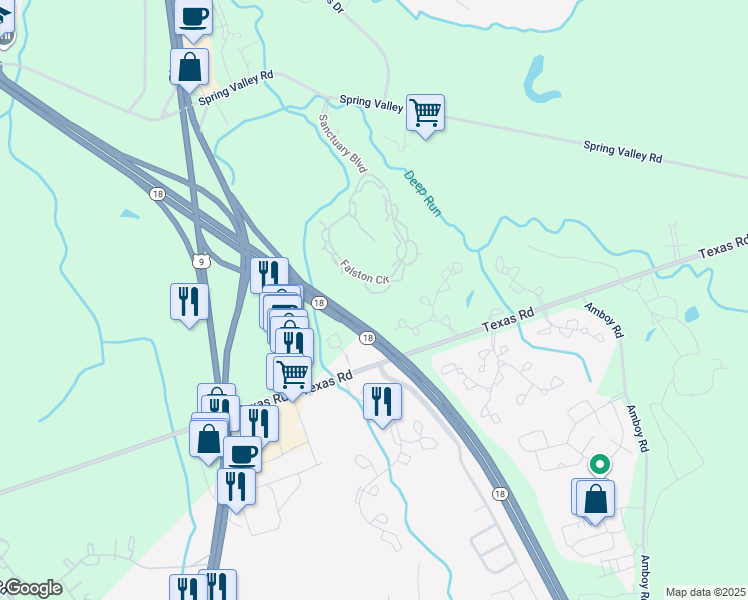 map of restaurants, bars, coffee shops, grocery stores, and more near 7102 Falston Circle in Old Bridge