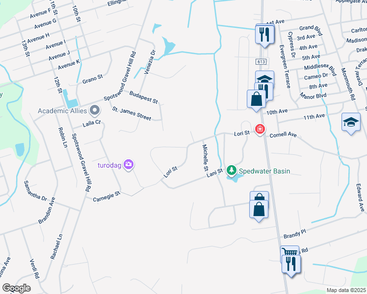 map of restaurants, bars, coffee shops, grocery stores, and more near 12 Jennifer Drive in Monroe Township