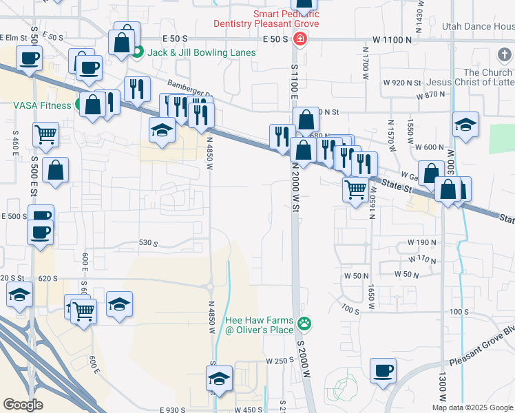 map of restaurants, bars, coffee shops, grocery stores, and more near 502 South 1040 East in American Fork