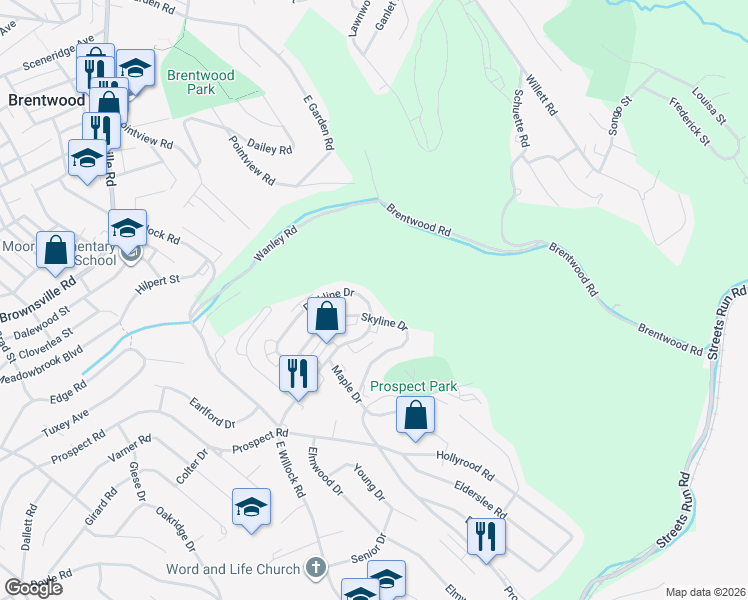 map of restaurants, bars, coffee shops, grocery stores, and more near 1721 Parkline Drive in Pittsburgh